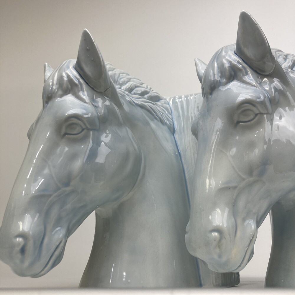 VTG Set 2 Mid Century Ceramic Horse Head Bookends Pale Blue White Glazed 8.5"